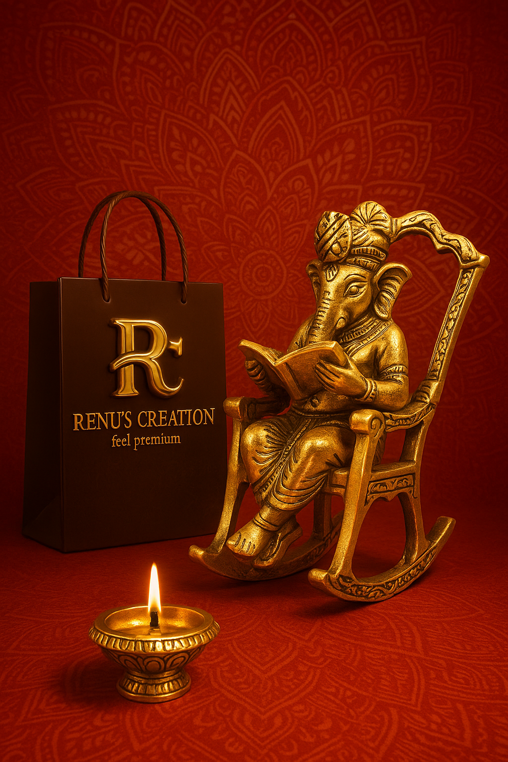 Golden Lord Ganesha Statue Sitting On A Rocking Chair And Reading Ramayan Showpiece